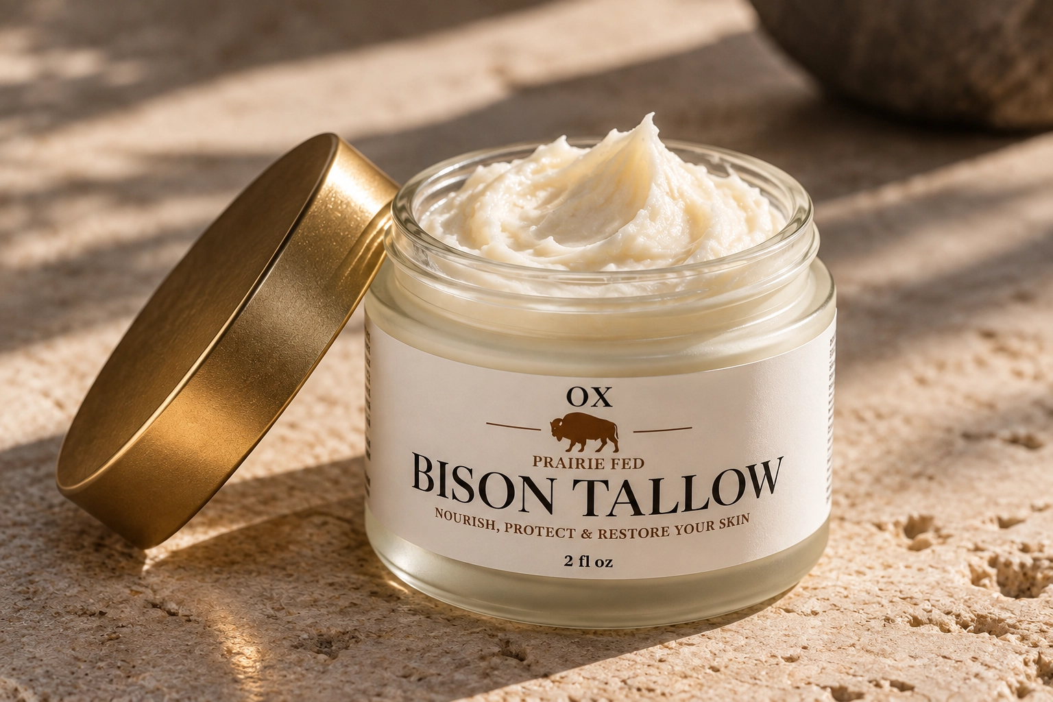 Open OX Bison Tallow jar showing the rich moisturizer