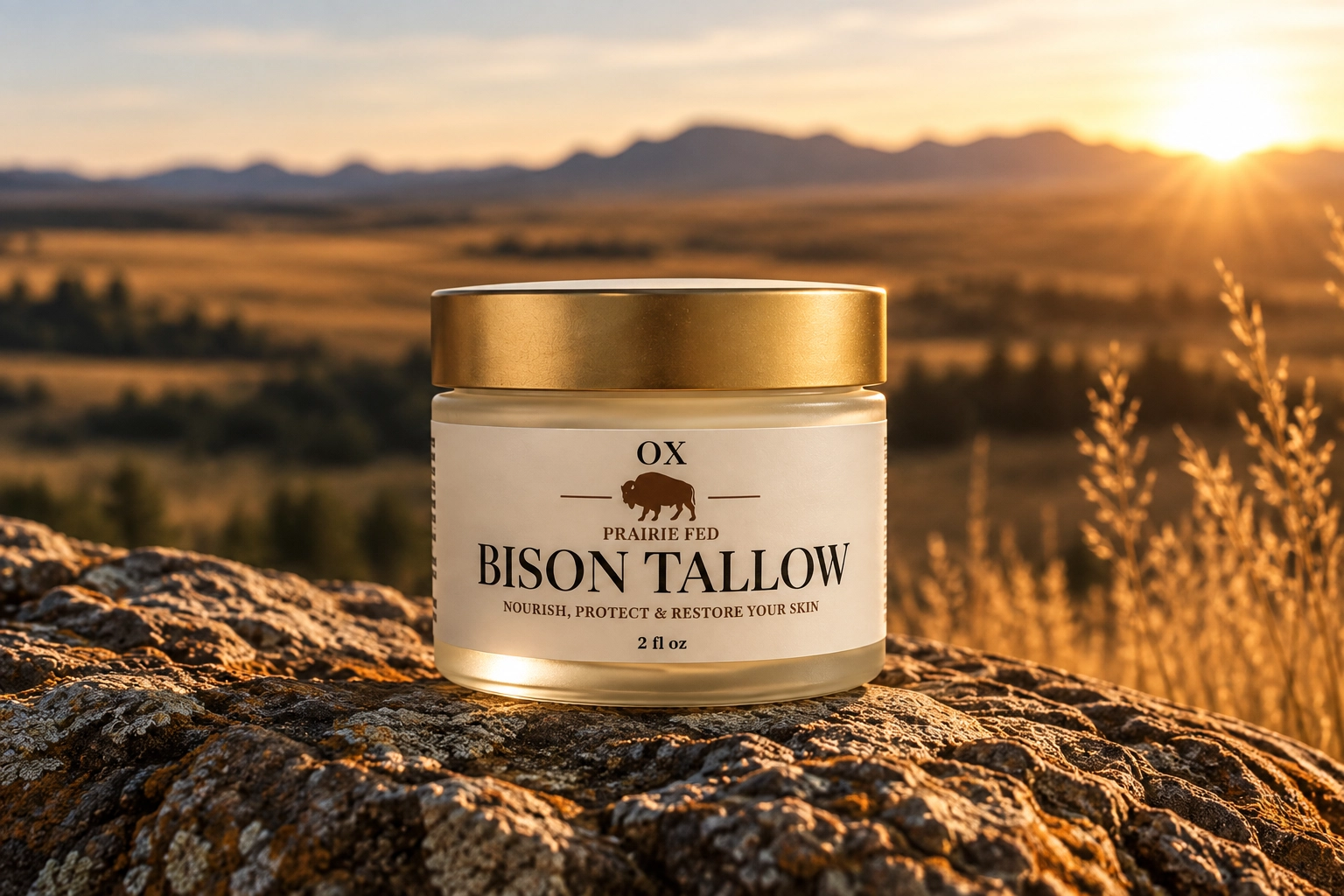 OX Bison Tallow jar overlooking the prairie at sunset