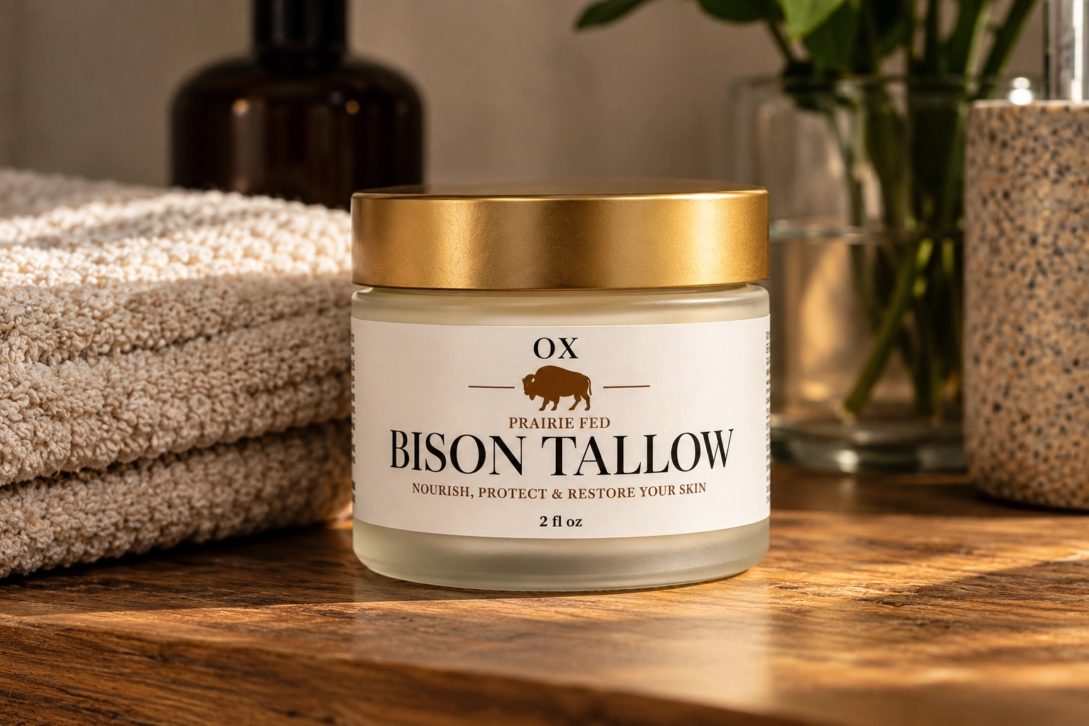 OX Bison Tallow jar beside towels on a wooden countertop