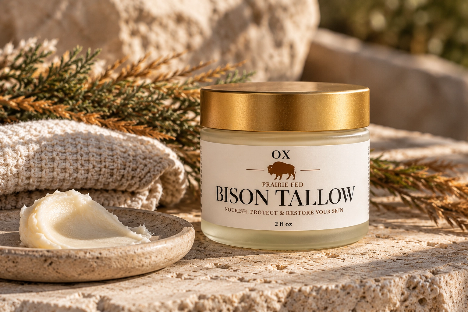 OX Bison Tallow jar with a dish of tallow and natural greenery