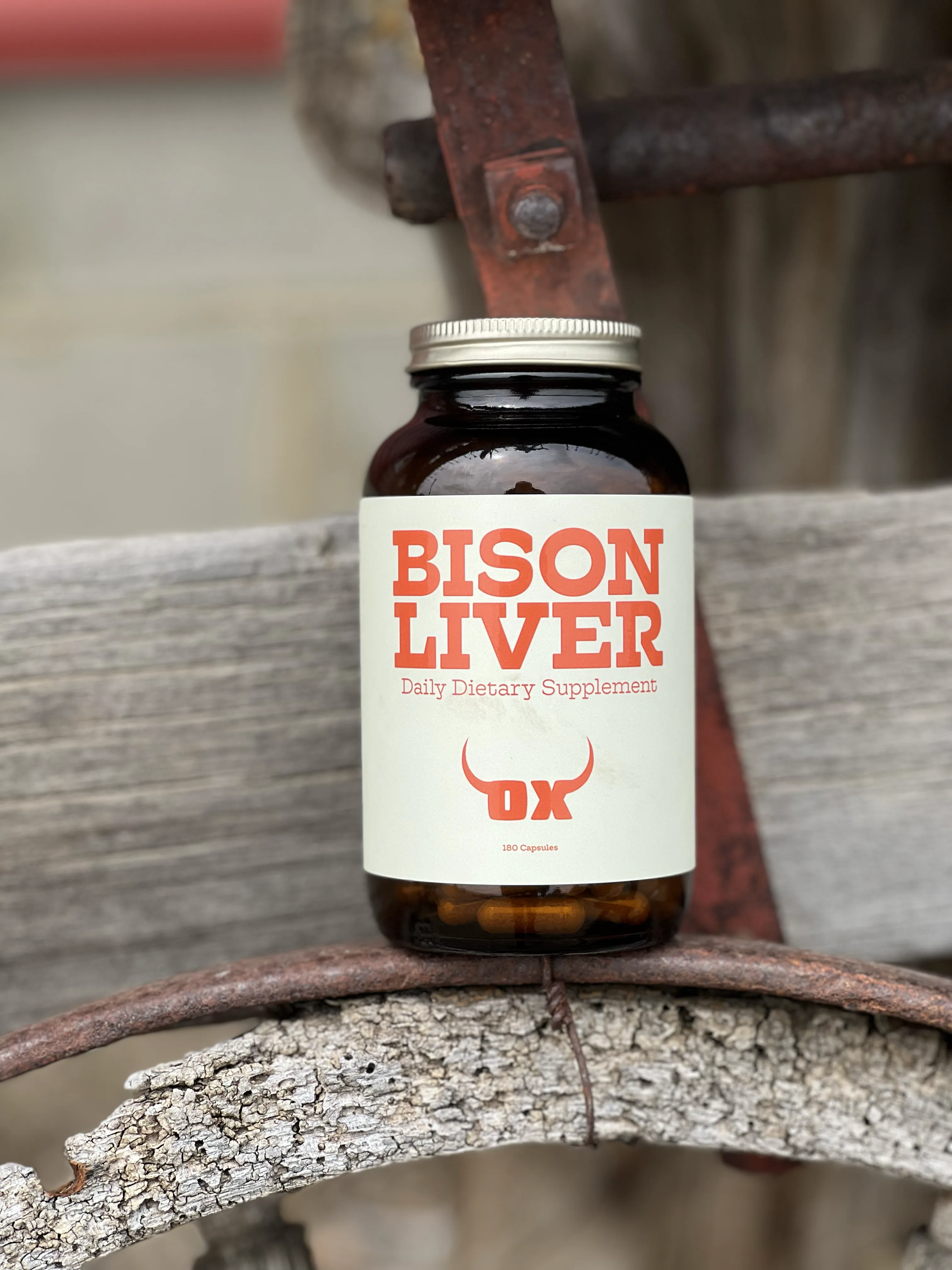 OX Bison Liver bottle in a rustic ranch setting