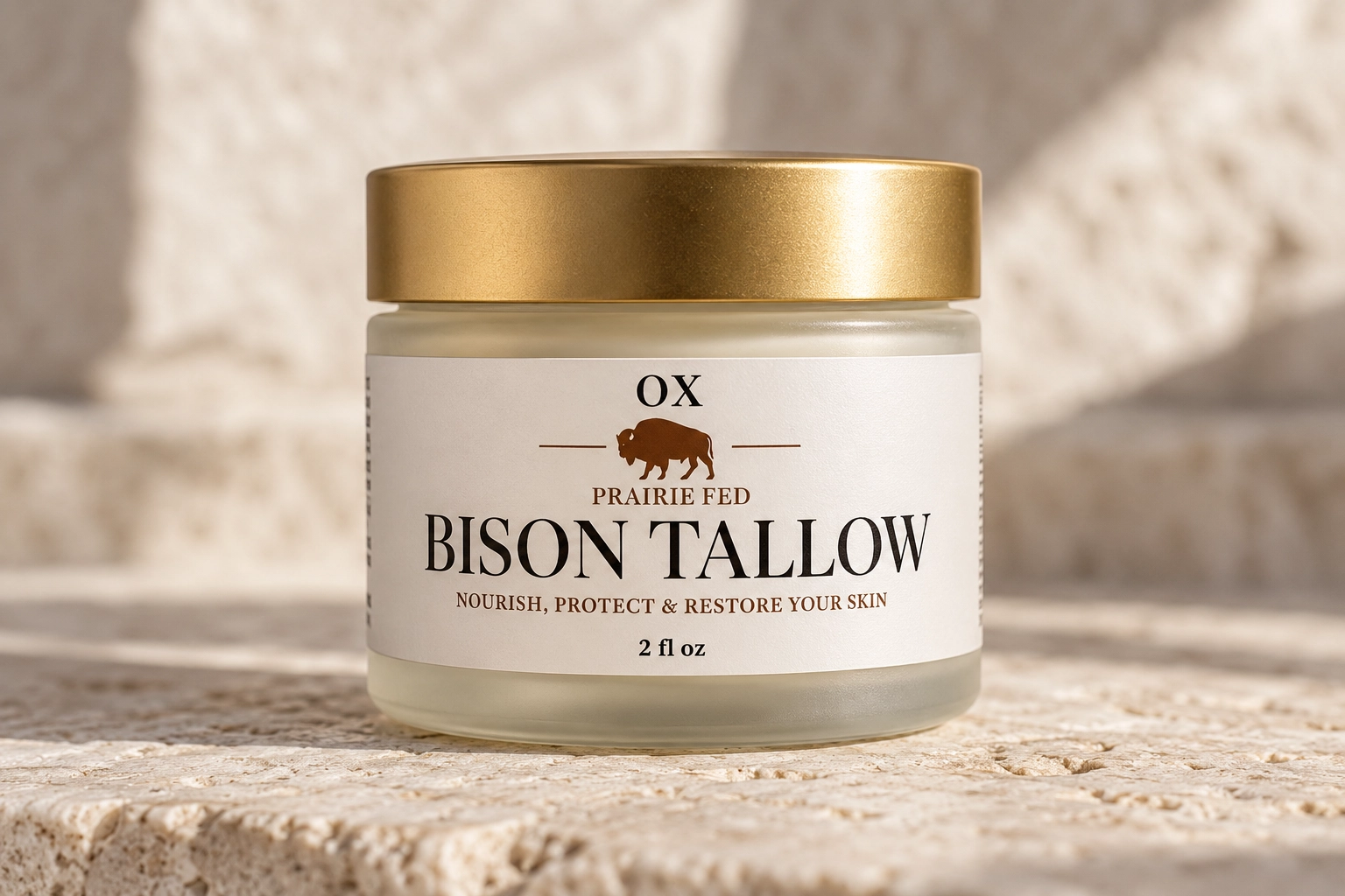 OX Bison Tallow 2 fl oz jar on natural stone